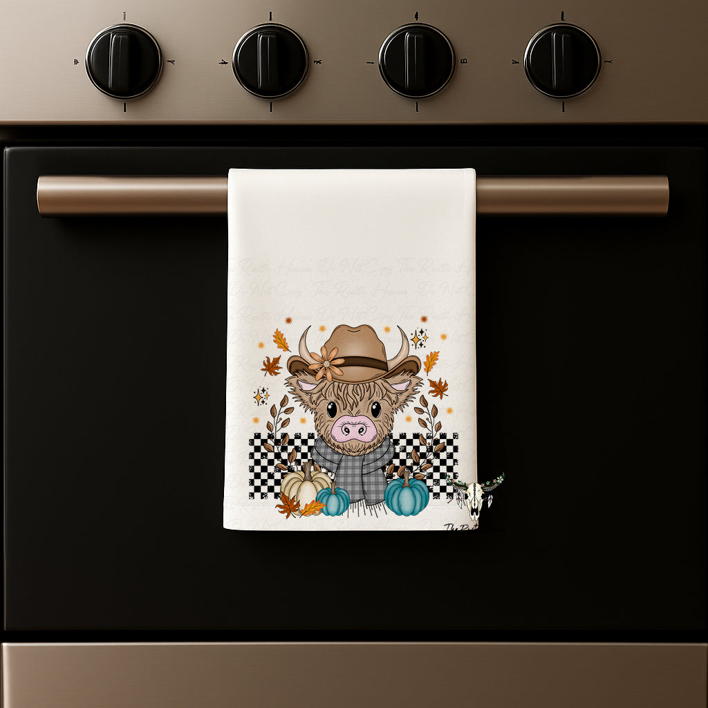 Fall Highland Cow Hand Towel – Cute Autumn Farmhouse Kitchen Decor