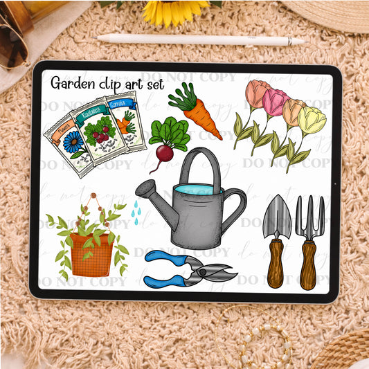 Garden Clipart Bundle – Vegetable Garden Clip Art Set, Watering Can, Seed Packets, Garden Tools, Flowers, Plant Pot – Hand Drawn Gardening PNG