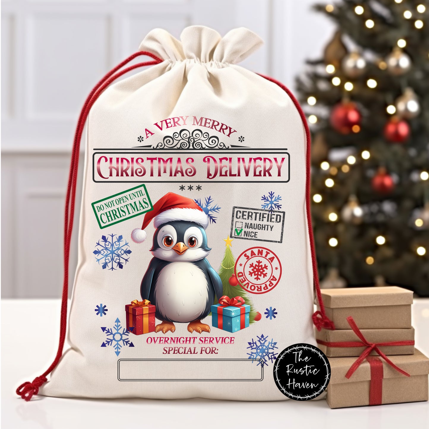 Personalized Adorable Penguin Santa Sack