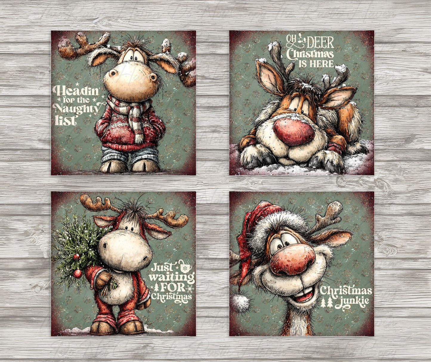 Whimsical Christmas Moose Coaster Set with Mahogany Holder – MDF – Set of 4