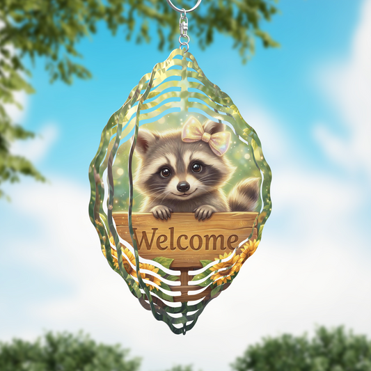 Raccoon Welcome Wind Spinner – 10” Double Sided Hanging Garden Decor – Cute Woodland Animal Outdoor Decoration