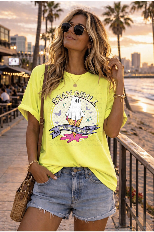 Stay Chill Ghost Ice Cream Tee – Perfect for Summer & Halloween | Neon Graphic Shirt