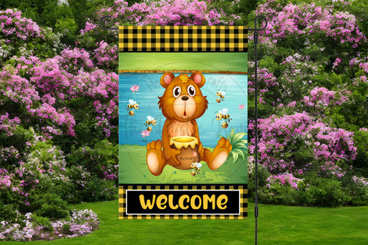 Adorable Bear Honey Pot Welcome Garden Flag
