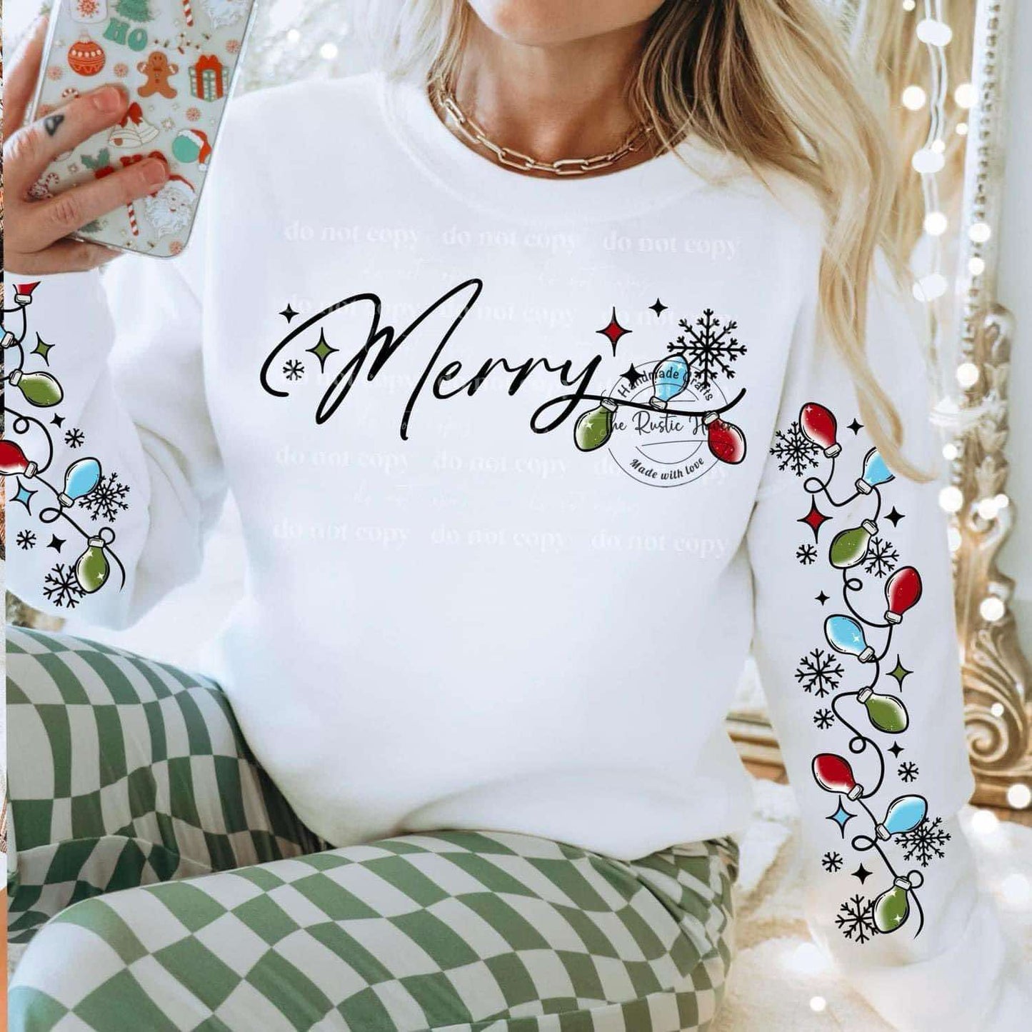“Merry Christmas Lights Long Sleeve Shirt – Holiday Graphic Tee with Multicolor or Pink Lights (4 Colors)”