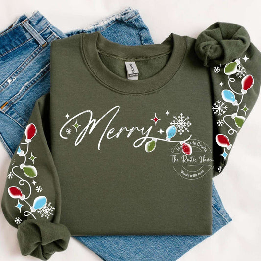 “Merry Christmas Lights Long Sleeve Shirt – Holiday Graphic Tee with Multicolor or Pink Lights (4 Colors)”