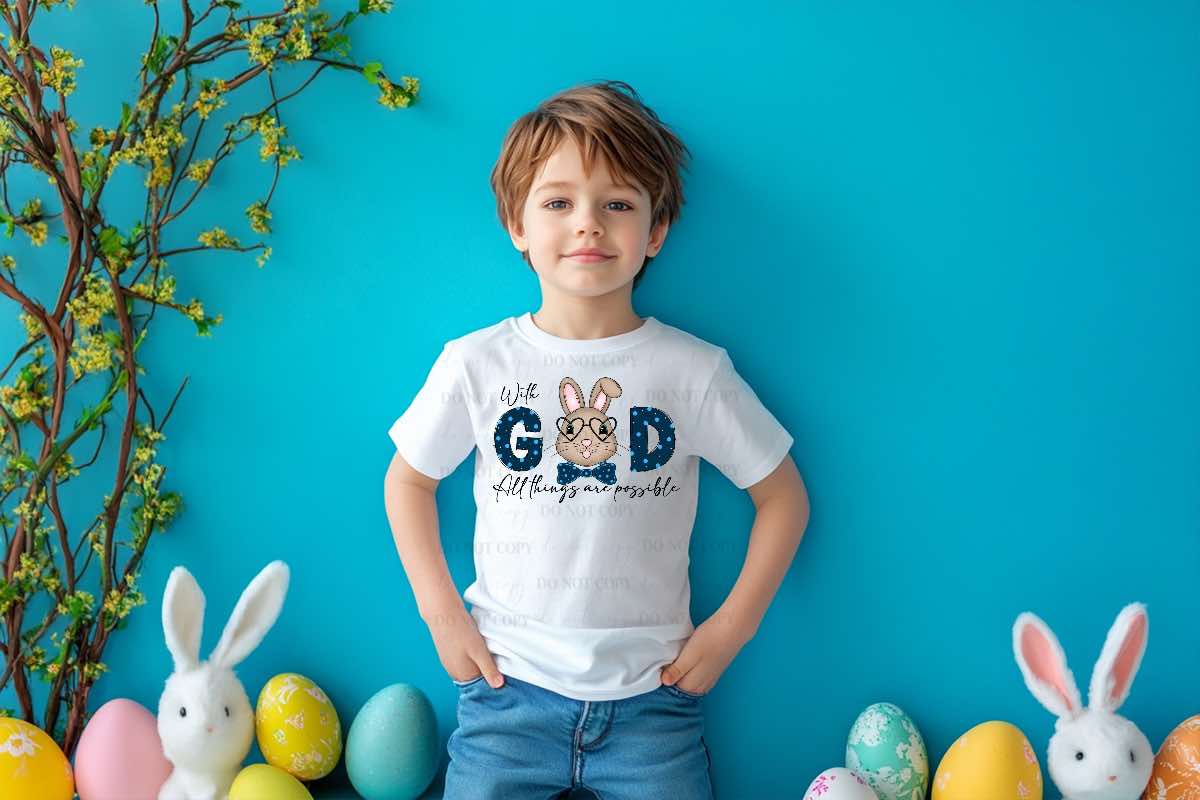 Boys and Girls Adorable Easter bunny With God all things are possible kids t shirts