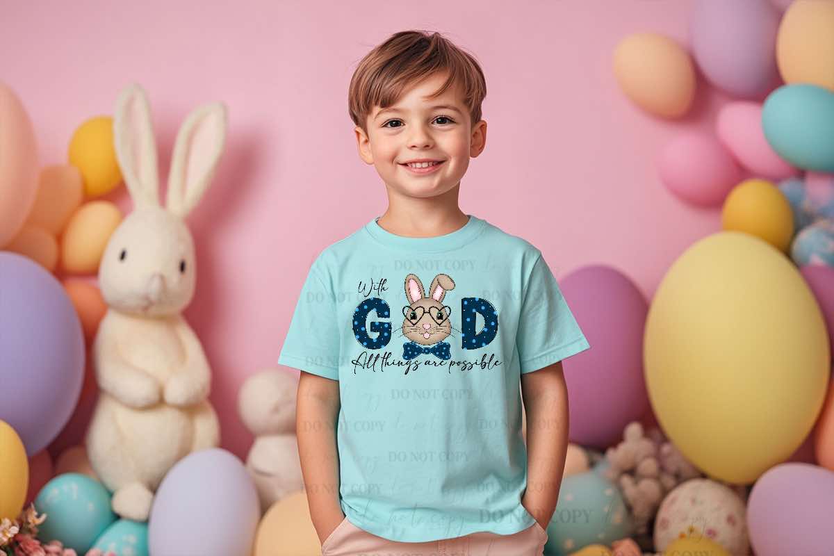 Boys and Girls Adorable Easter bunny With God all things are possible kids t shirts