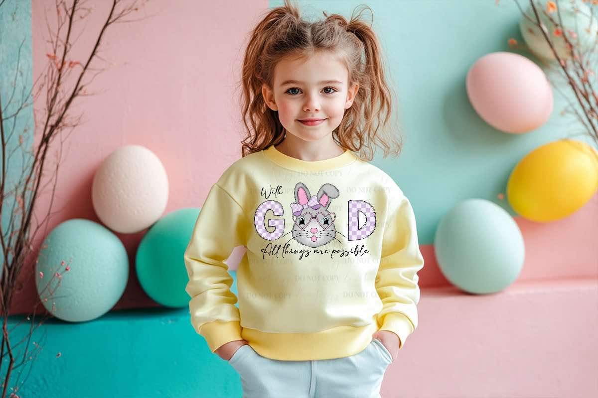 Boys and Girls Adorable Easter bunny With God all things are possible kids t shirts