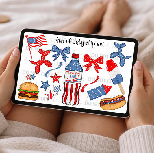4th of July Clipart Bundle – Patriotic Red White Blue Graphics, USA Independence Day PNG Set, Summer BBQ, Balloons, Popsicle, Hot Dog, Stars