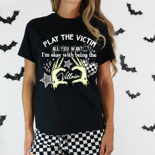 "Villain Heart Skeleton Hands Halloween Tee - Play the Victim Graphic T-Shirt"