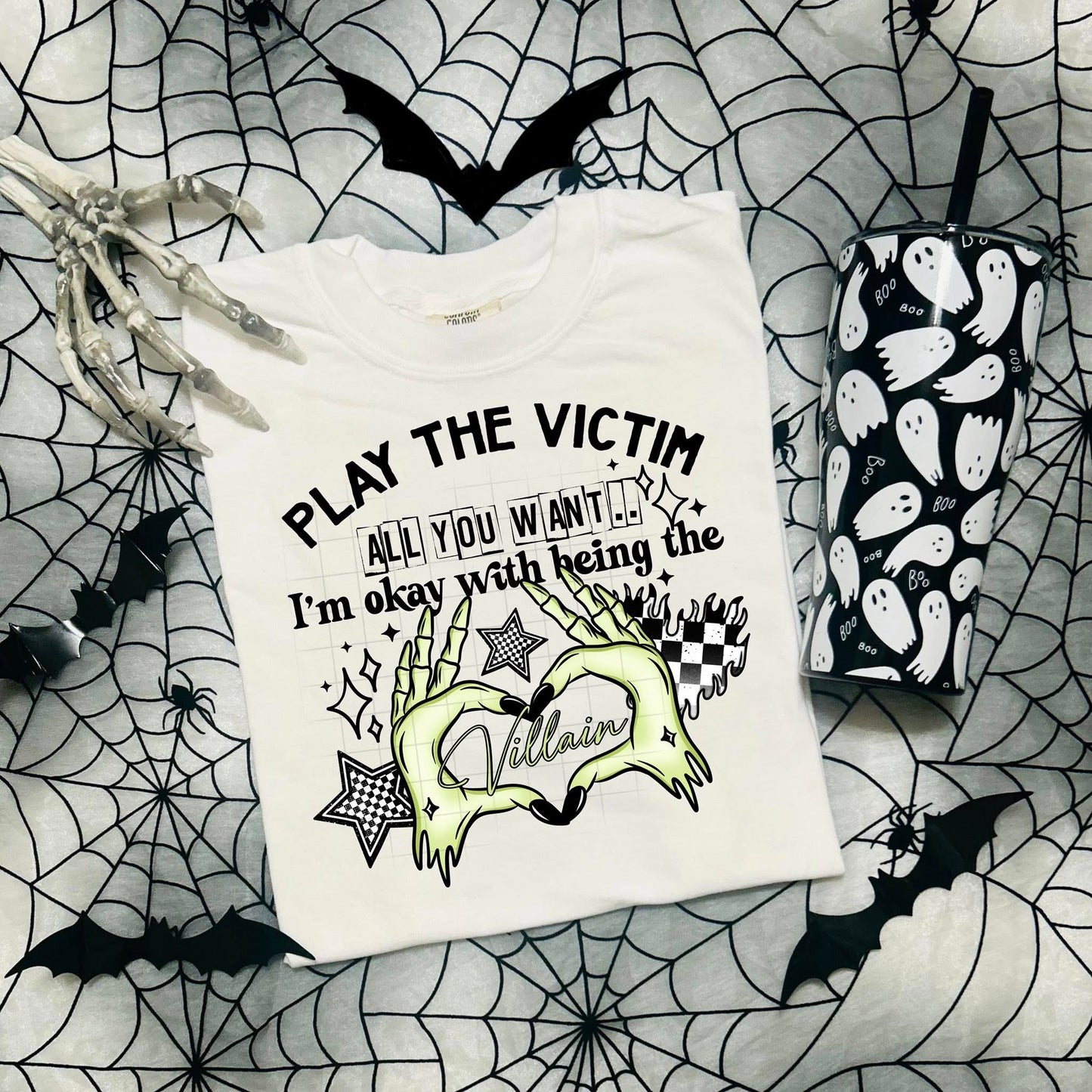 "Villain Heart Skeleton Hands Halloween Tee - Play the Victim Graphic T-Shirt"