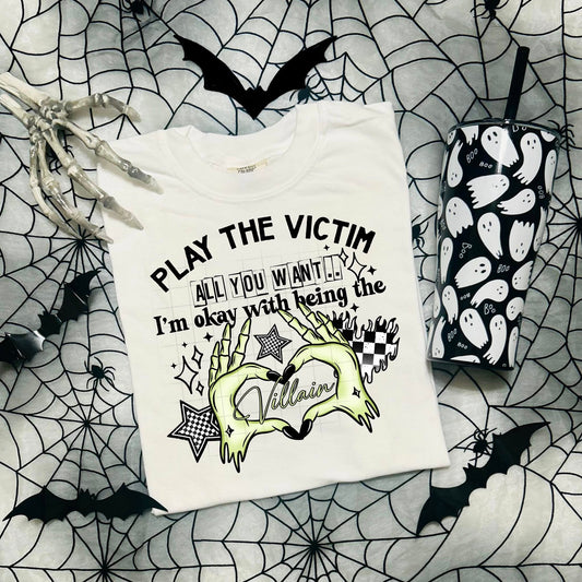 "Villain Heart Skeleton Hands Halloween Tee - Play the Victim Graphic T-Shirt"