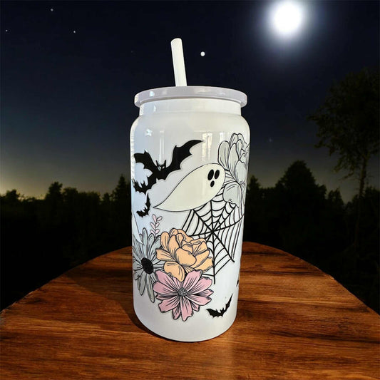 Halloween Floral Ghost 16oz Stainless Steel Double-Walled Tumbler with Straw