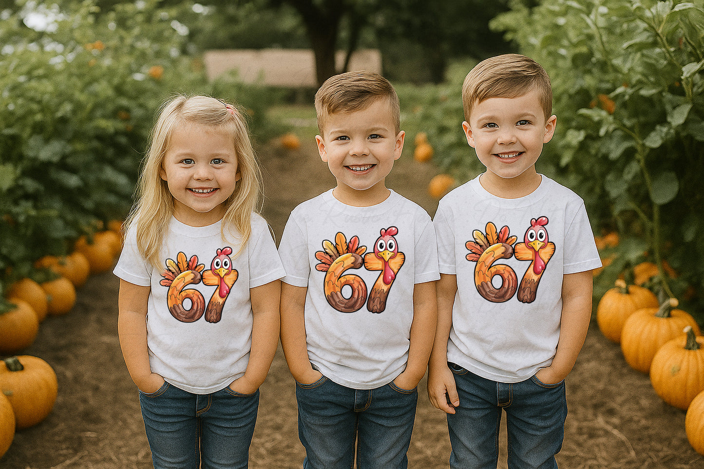 Trendy “67” Turkey Kids Fall T-Shirt – Funny Thanksgiving Tee for Boys & Girls