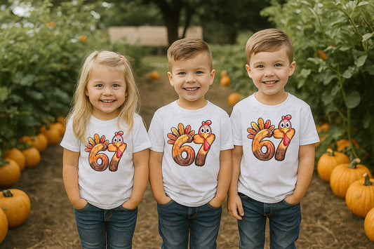 Trendy “67” Turkey Kids Fall T-Shirt – Funny Thanksgiving Tee for Boys & Girls