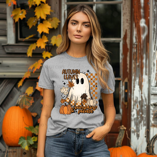 Autumn Leaves and Pumpkins Please Ghost T-Shirt – Cute Fall Graphic Tee