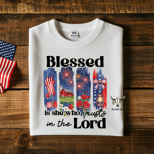 Blessed is she who trust in the Lord T-shirt