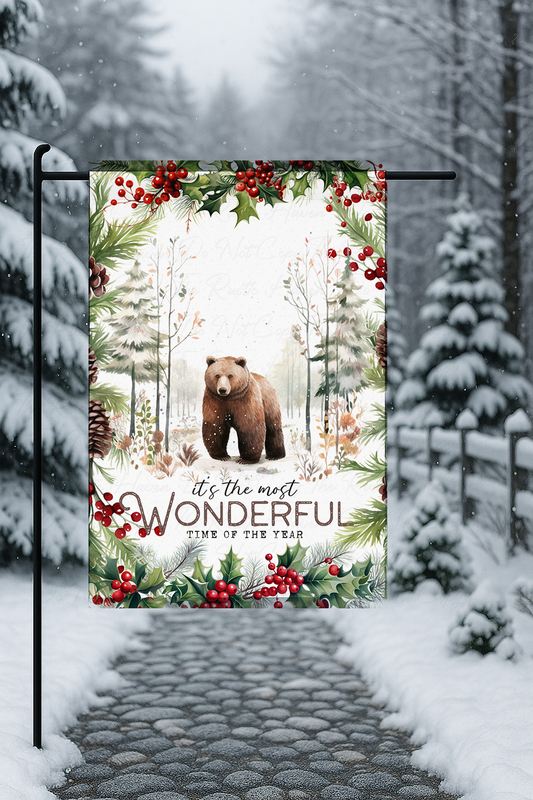 Rustic Winter Bear Garden Flag – “It’s the Most Wonderful Time of the Year” | 12x18 Double-Sided Holiday Yard Decor