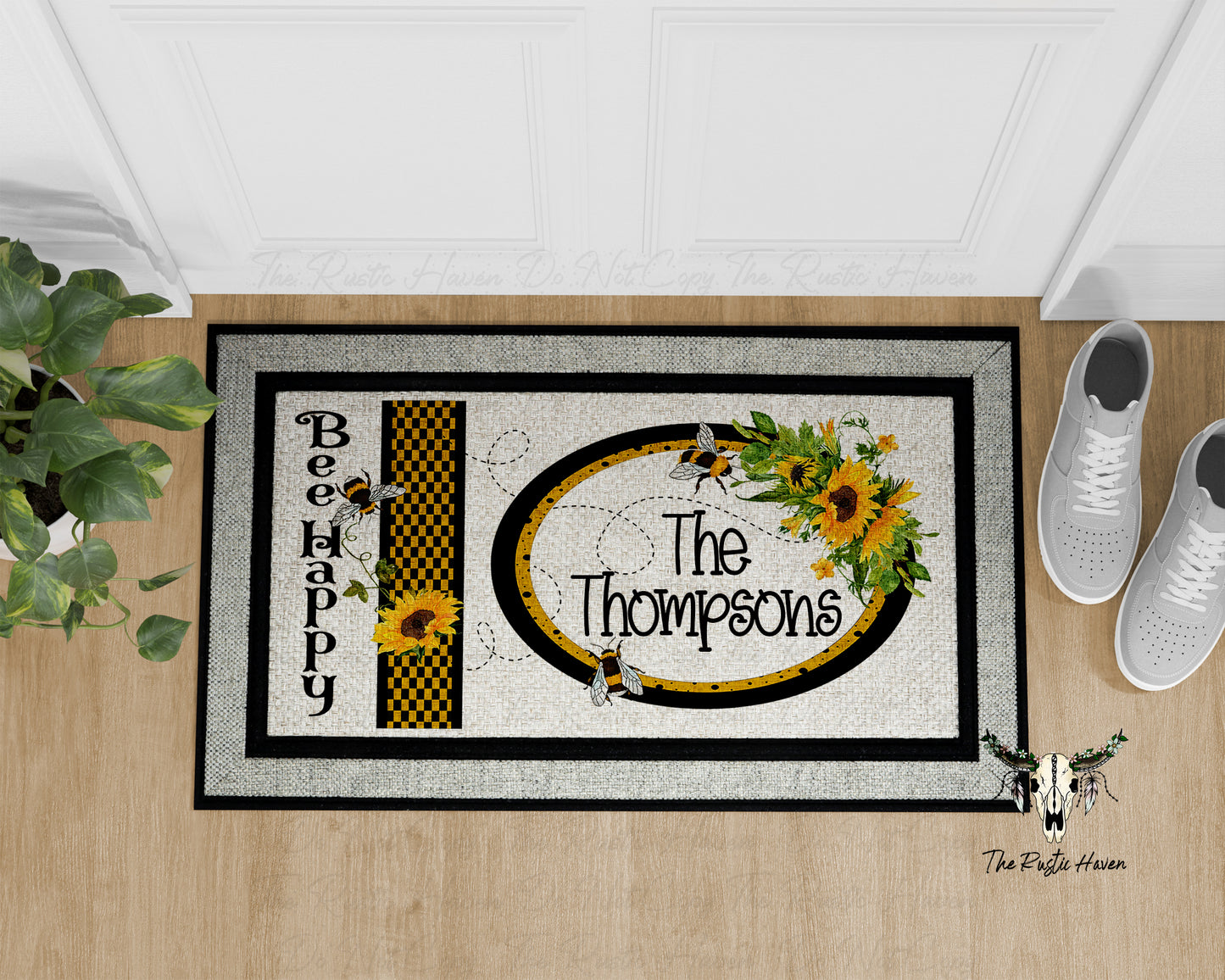 Bee Happy Personalized Doormat with Sunflowers & Bees – 18x30 Rubber Back Welcome Mat