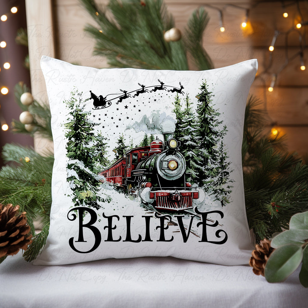“Believe Christmas Train Pillow – Festive Holiday Decor Cushion (16x16)”