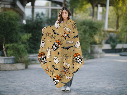 Cozy Halloween Blanket – Ghosts, Bats & Pumpkin Coffee | 2 Color Options