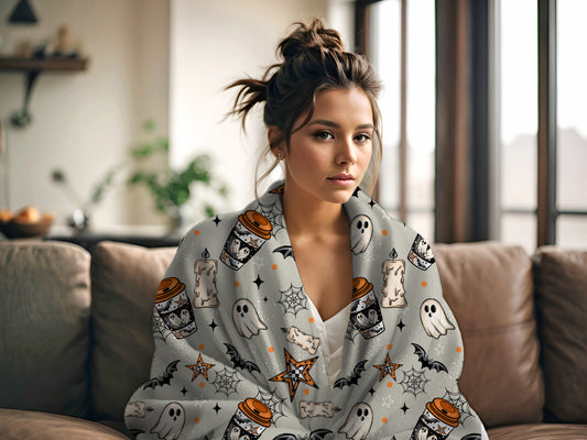 Cozy Halloween Blanket – Ghosts, Bats & Pumpkin Coffee | 2 Color Options