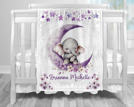 Beautiful Lavender Baby Elephant Personalized Baby Blanket