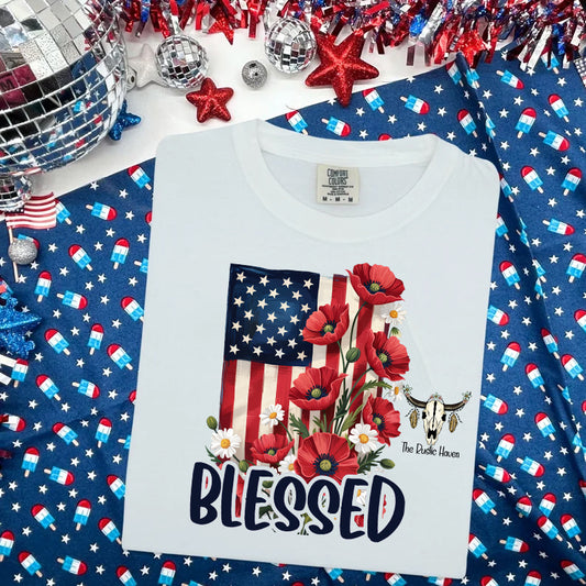 American Flag Floral Blessed T-Shirt