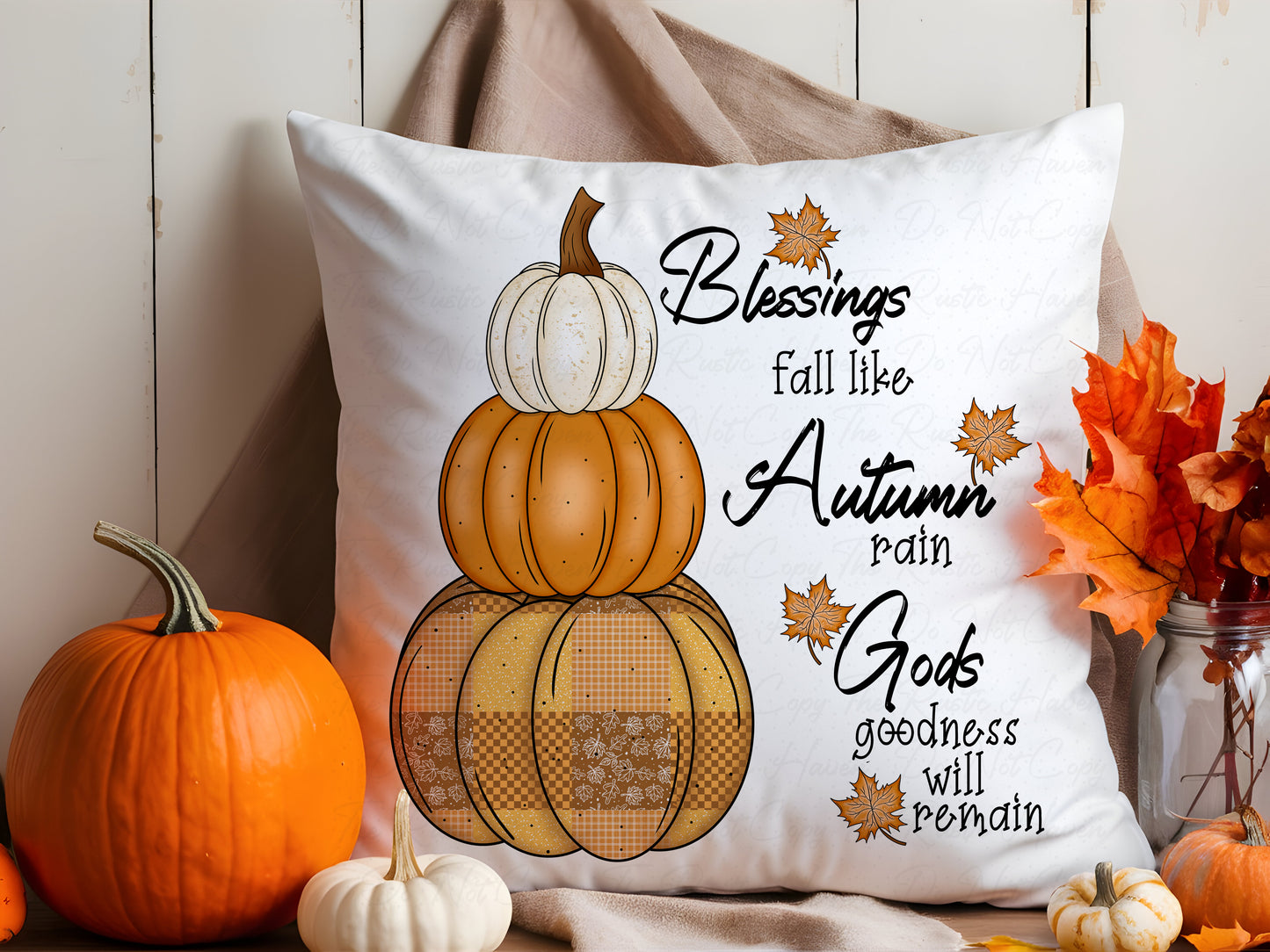 Blessings Fall Like Autumn Rain Pillow – Rustic Farmhouse Pumpkin Stack Decorative Throw