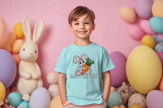 Happy Easter Bunny Kids T-Shirt – Cute Easter Bunny with Carrot – Easter Graphic Tee
