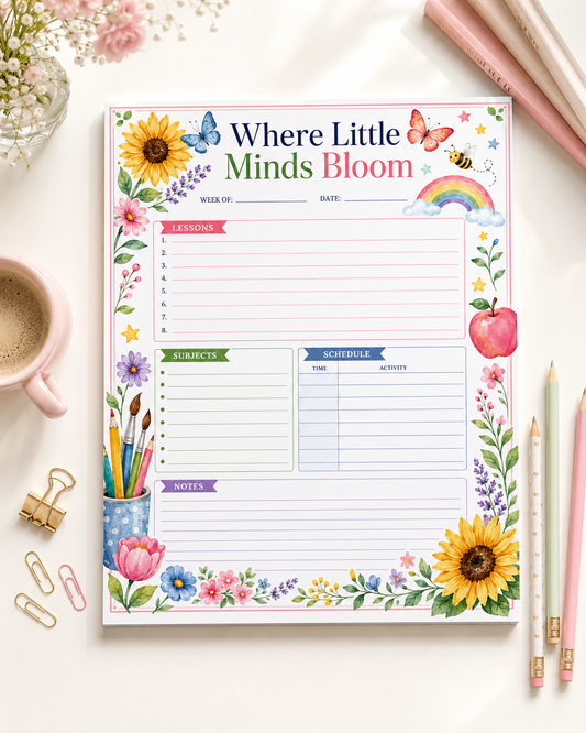 Where Little Minds Bloom Teacher Planner Pad | 8 × 10 Weekly Planning Notepad | 50 Easy-Tear Sheets