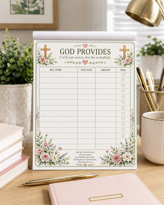 God Provides Bill Tracker Notepad | Faith-Based Budget Planner | Christian Financial Organizer | 8x10 Tear-Off Notepad | 36 Sheets