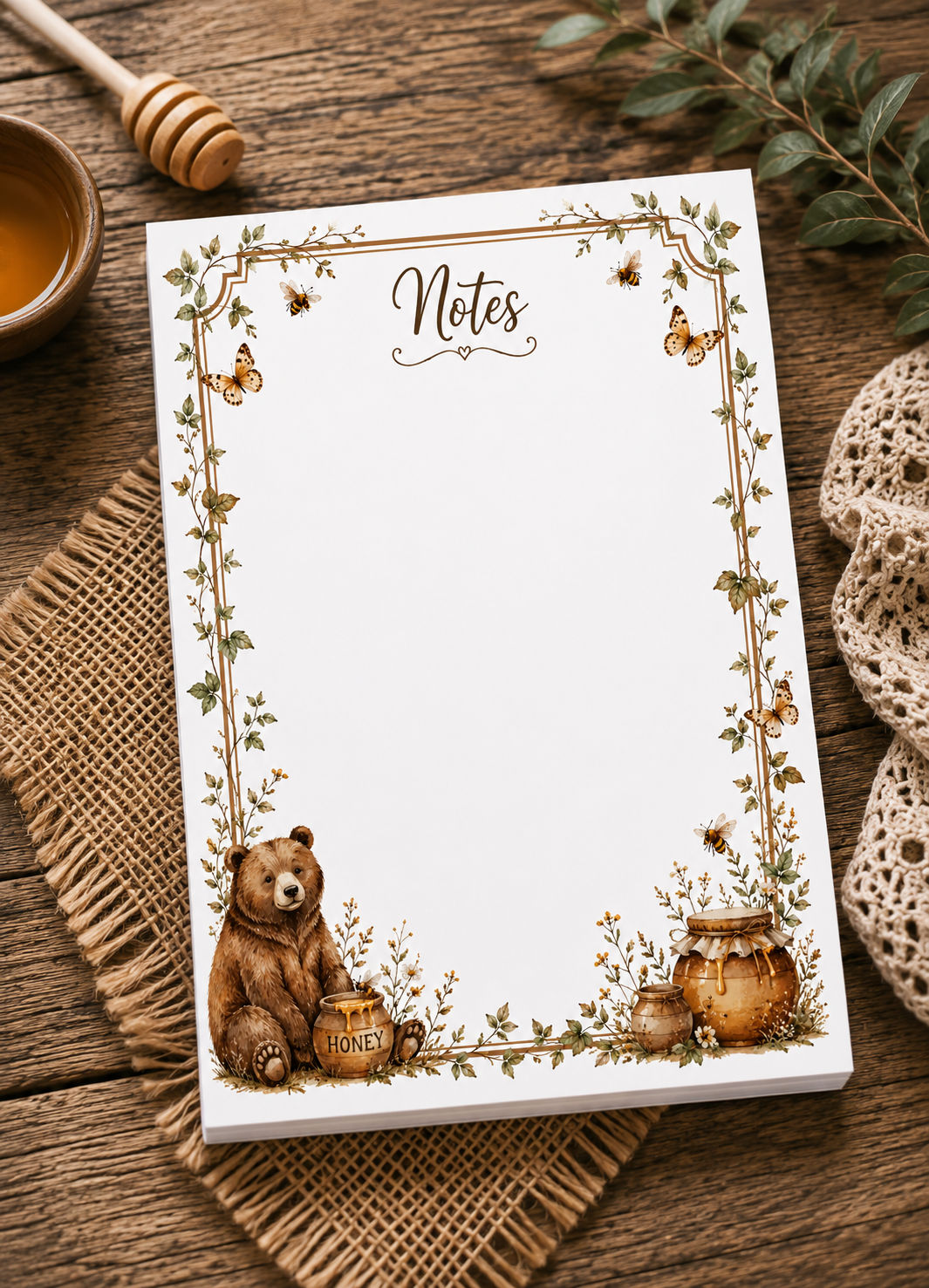 Honey Bear Notes Notepad | 5 x 7 Farmhouse Notepad | 50 Tear-Off Pages | Rustic Woodland Stationery