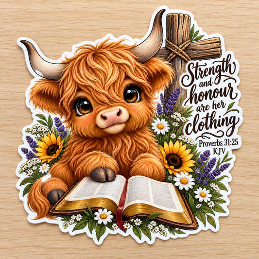 Strength and Honour Proverbs 31:25 Highland Cow Vinyl Sticker