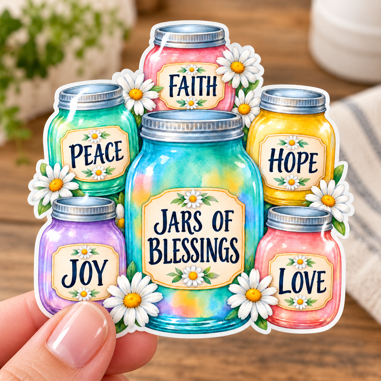 Jars of Blessings Sticker – Colorful Mason Jars & Daisies,