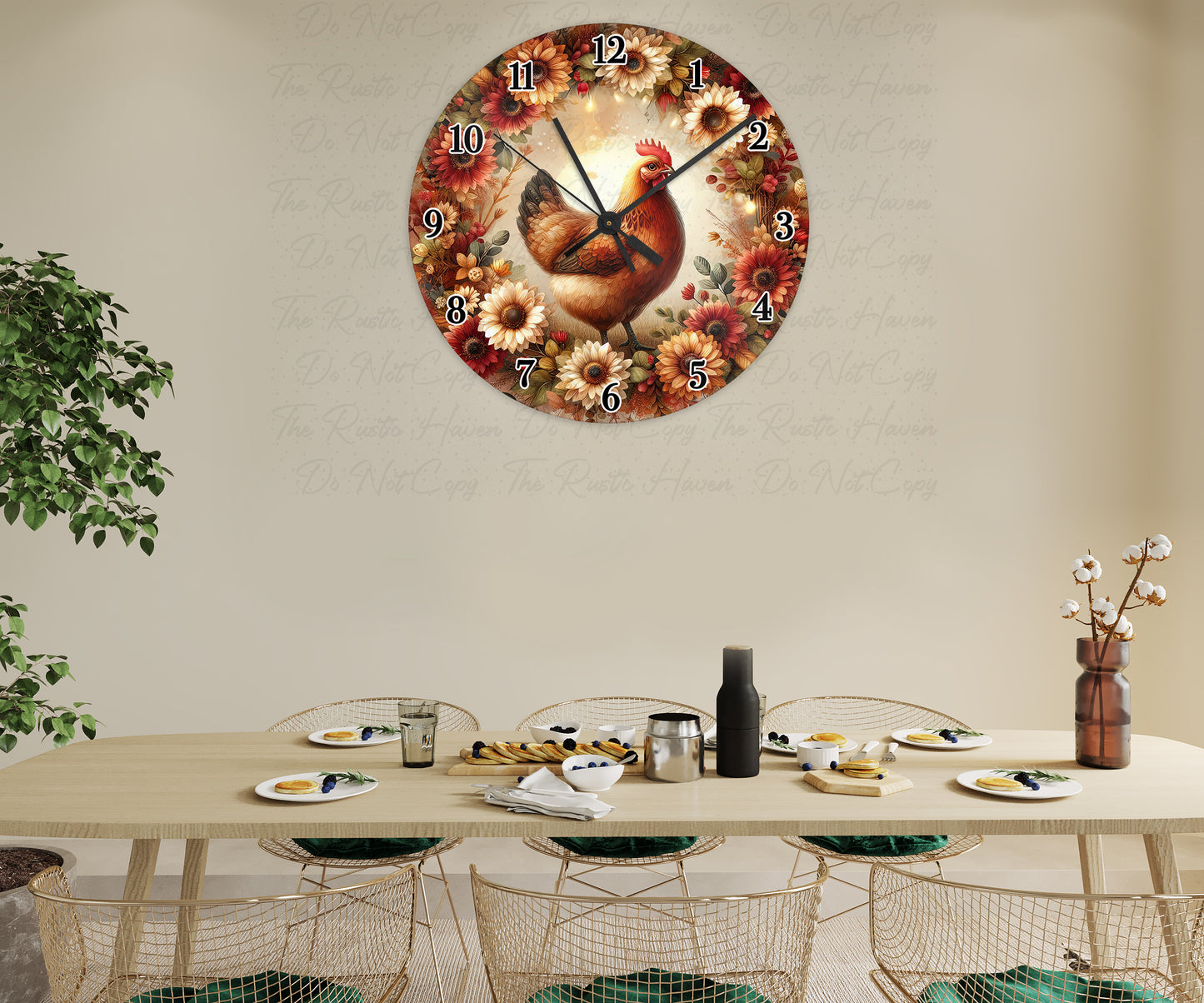 Rustic Farmhouse Chicken Wall Clock – Floral Country Kitchen Decor, MDF Round Clock (3 Sizes Available)