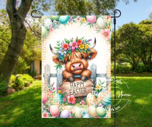 Adorable Highland Cow Easter Garden Flag