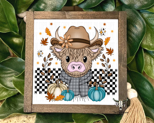Rustic Fall Highland Cow Sign – 8x8 Autumn Farmhouse Decor