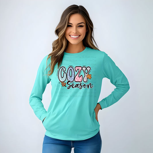 Cozy Season Fall Graphic Tee – Autumn Leaves Long Sleeve Shirt in 4 Colors