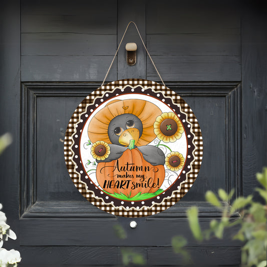 Autumn Crow Door Sign – “Autumn Makes My Heart Smile” Fall Sunflower & Pumpkin Decor