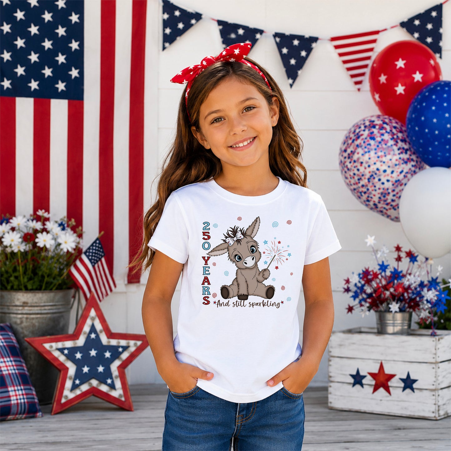 250 Years & Still Sparkling™ Patriotic Donkey Toddler/Youth T-Shirt | Girl & Boy Fourth of July Shirt | Cute Kids Independence Day Tee
