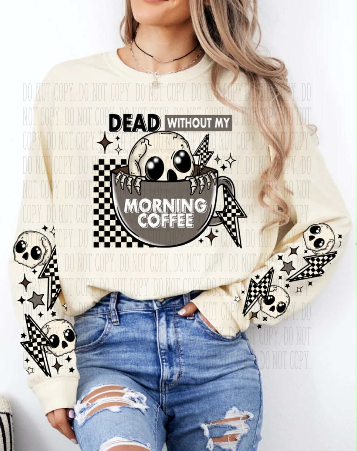 Dead Without My Morning Coffee long sleeve t-shirt  – Skull Coffee Cup Graphic Pullover