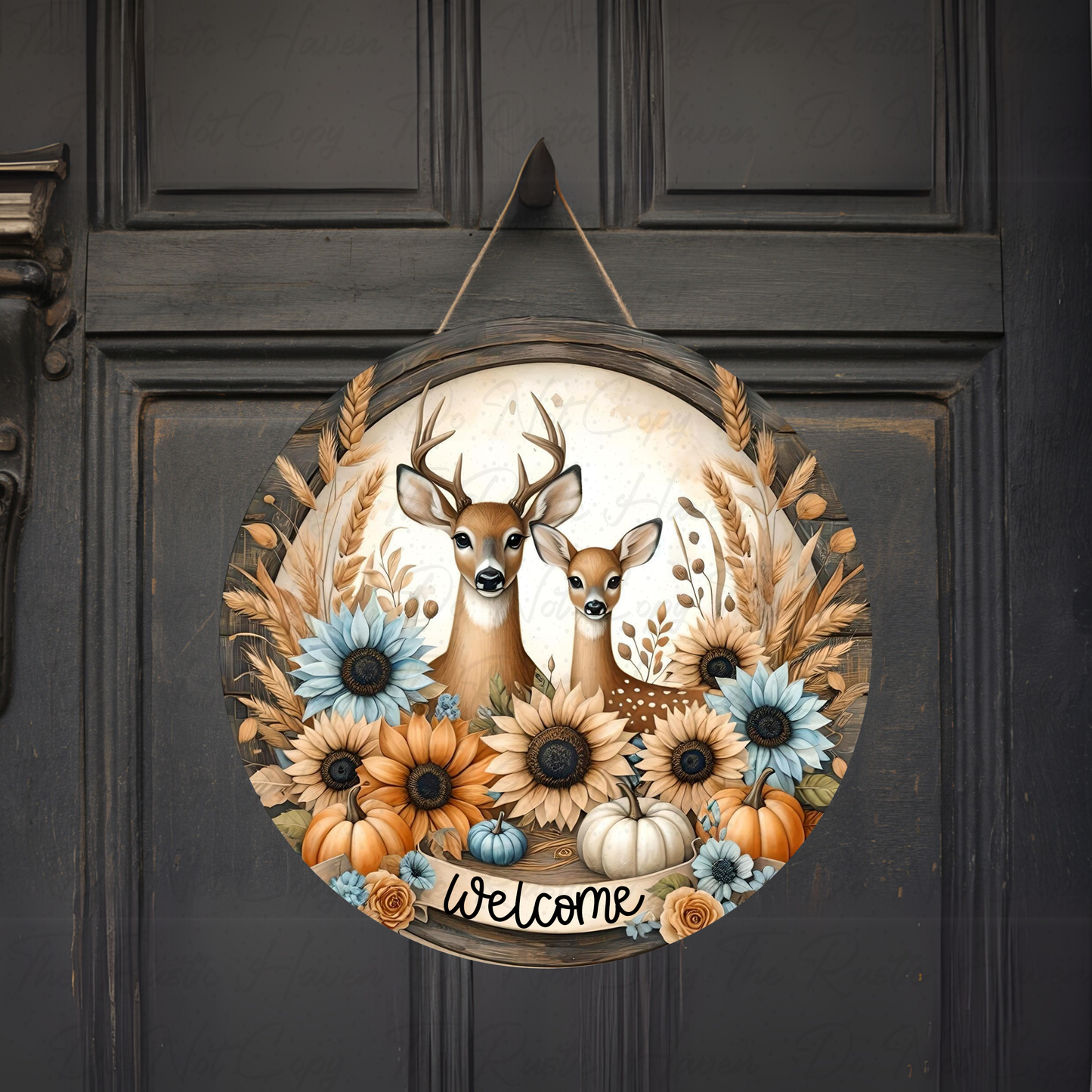 Rustic Deer Welcome Sign – Fall Floral Front Door Decor with Sunflowers & Pumpkins
