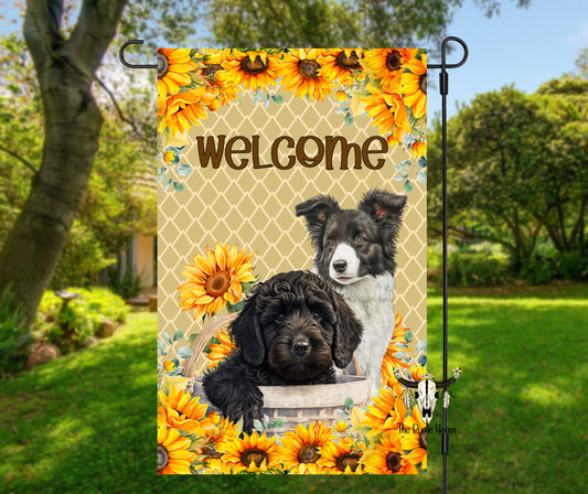 Adorable Puppies with sunflowers garden flag
