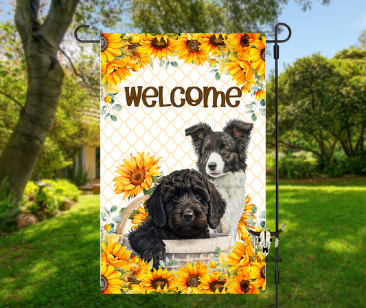 Adorable Puppies with sunflowers garden flag