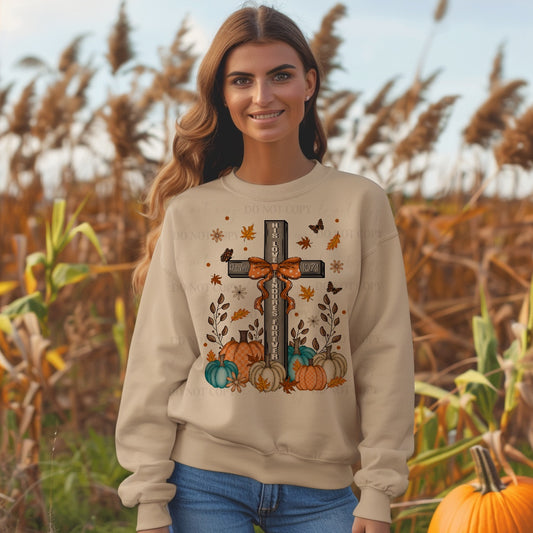 “His Love Endures Forever” Christian Fall Sweatshirt – Psalm 107:1 Cross & Pumpkins, Soft Unisex Crewneck