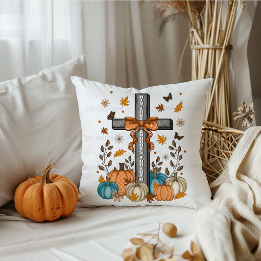 “His Love Endures Forever” Christian Fall Pumpkin Cross Pillow