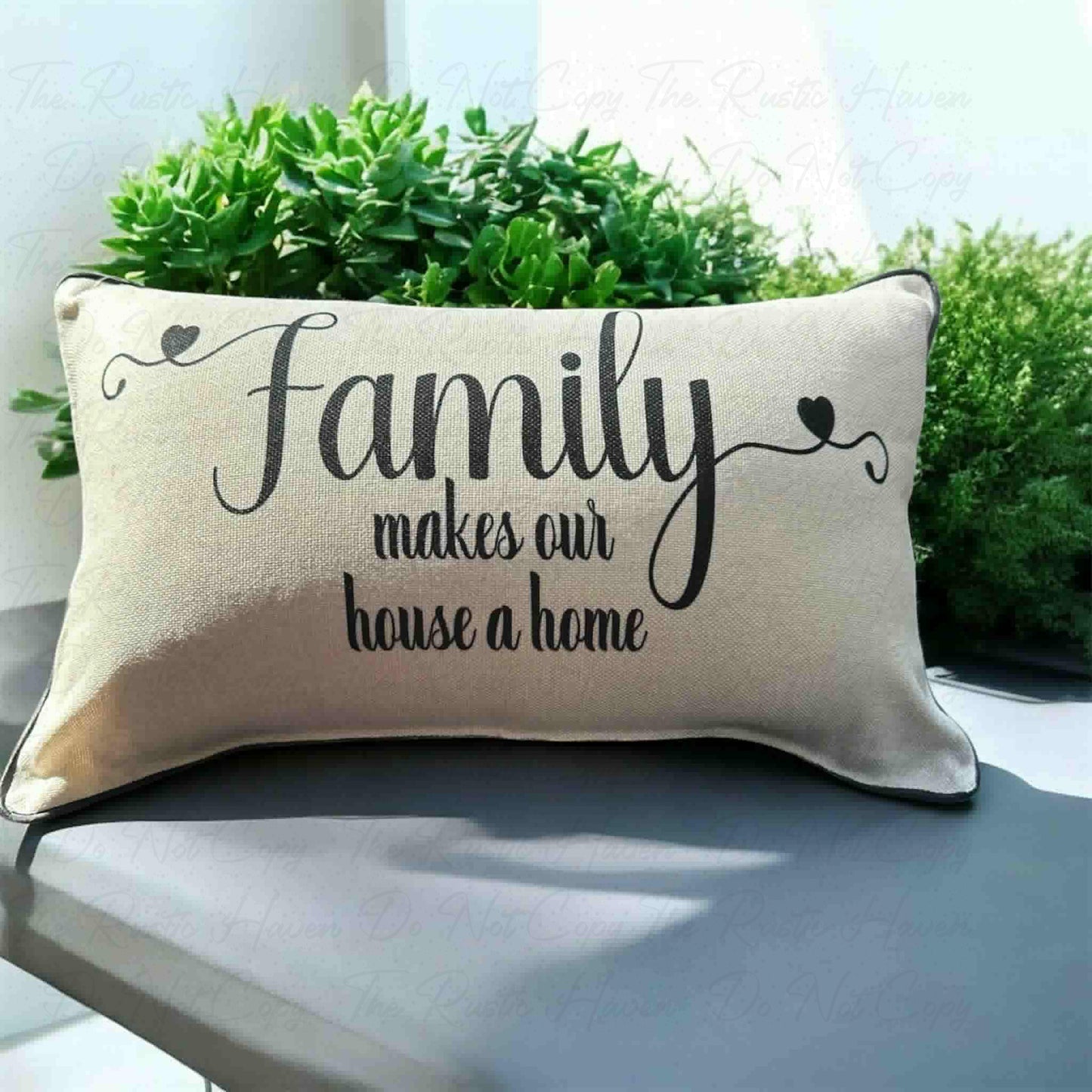 Family Makes Our House a Home Lumbar Pillow – 10x17 Decorative Cushion with Black Trim & Hidden Zipper | Customizable Pillow Option