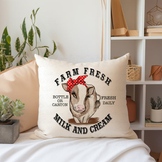Farm Fresh Milk and Cream Pillow – 16x16 Polyester Canvas Throw Pillow with Cow and Red Bandana Design