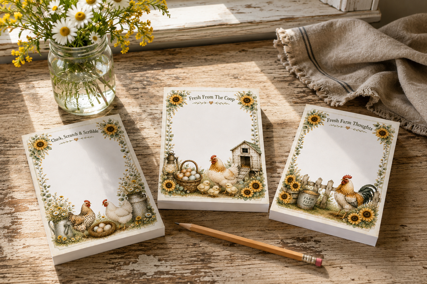 Feathered Friends Collection | Farmhouse Chicken Notepad Set | Handmade 4x6 Tear-Off Memo Pads
